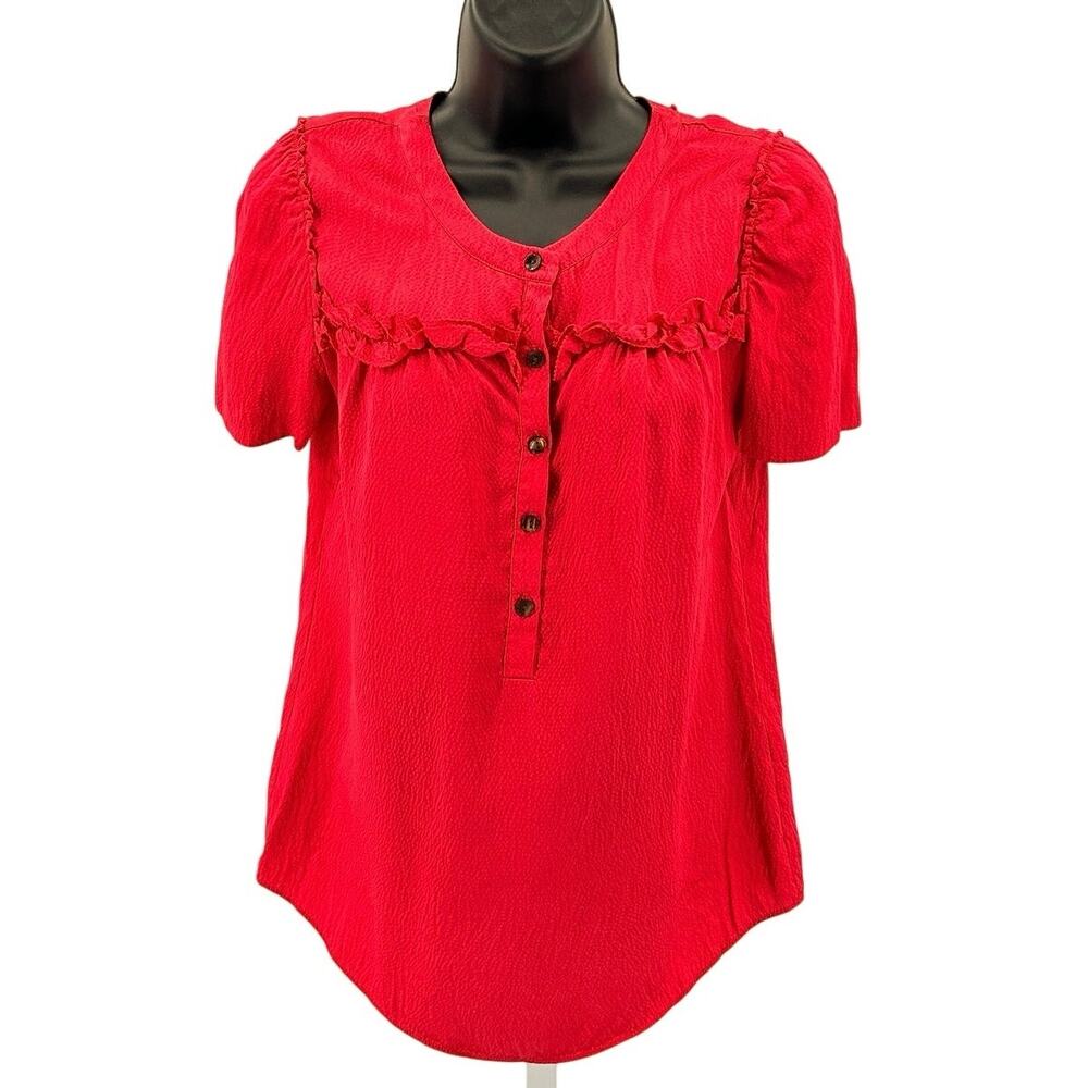 J.Crew Silk Blouse WMNS Sz 2 Pink Short Sleeve Button Up Round Neck Ruffle Silk